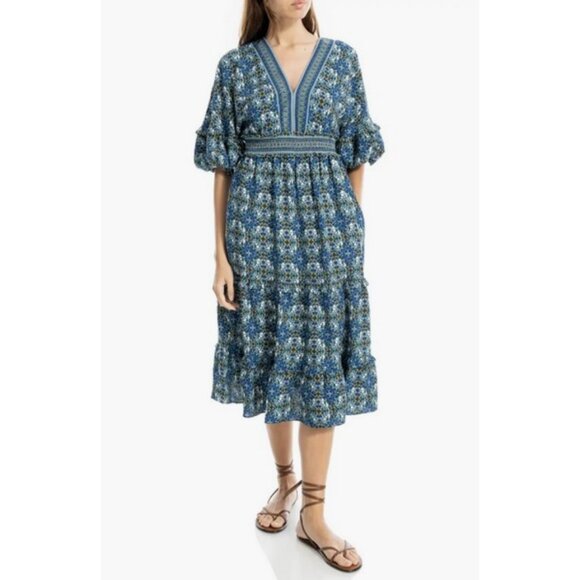 Max Studio Dresses & Skirts - 💕MAX STUDIO Elbow Sleeve Ruffle Midi Dress Spruce Fold Flower Grid Panel L NWT